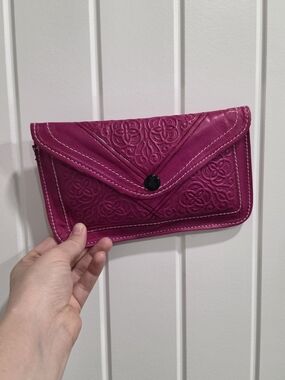 Magenta Embossed Leather Envelope Clutch